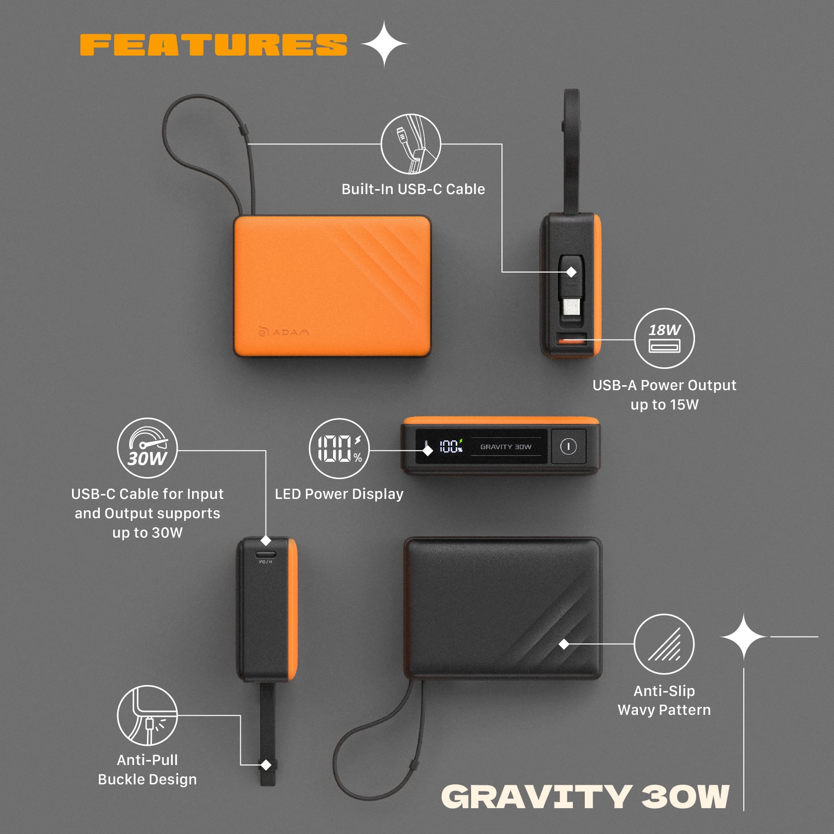 ADAM elements GRAVITY 30W Fast Charging Power Bank with Built-In Cable